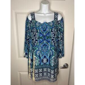 Avenue Women's Paisley Cold-Shoulder Knit Top Blue/Teal ~ Size 18/20